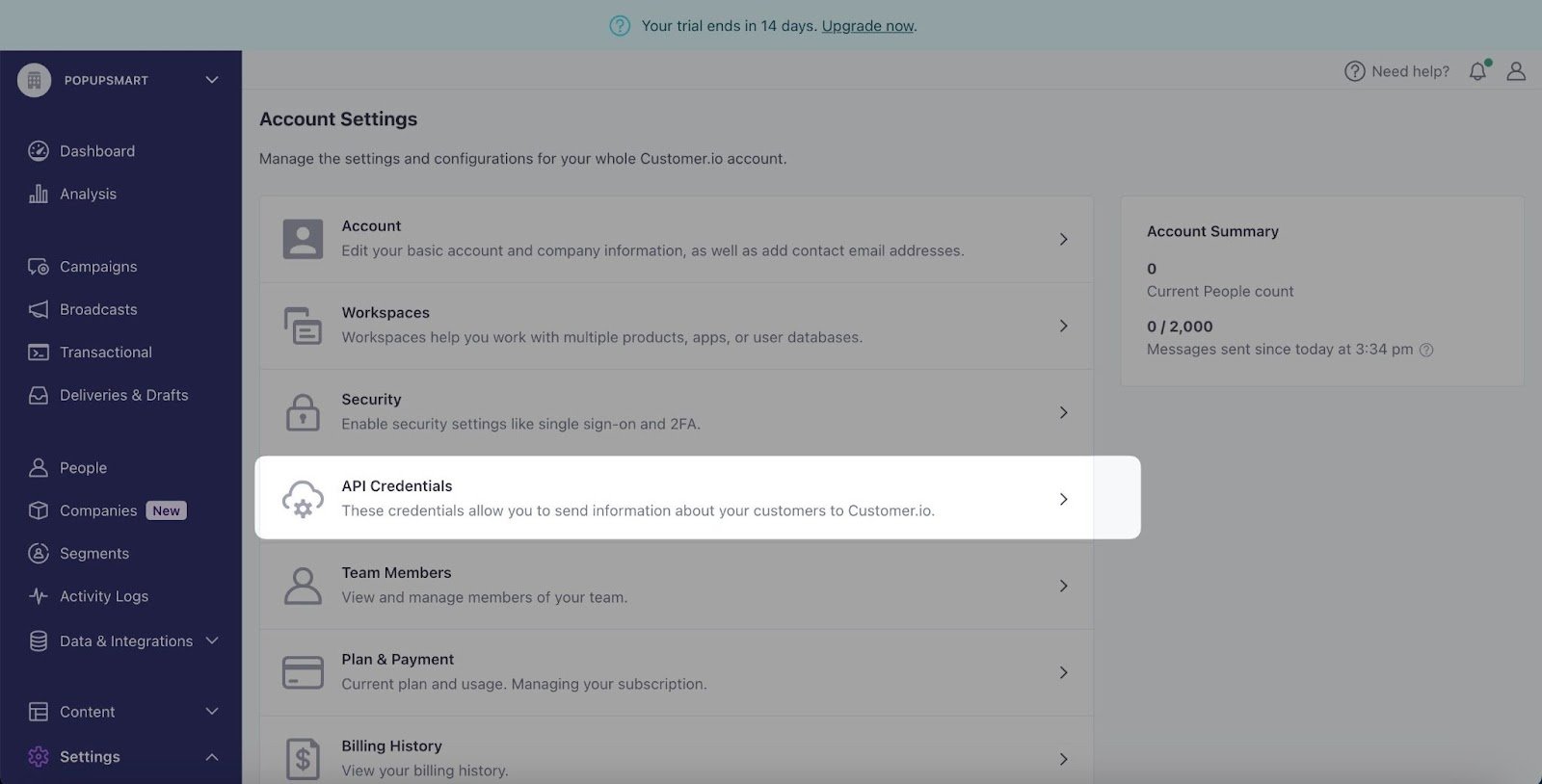 customer io api settings