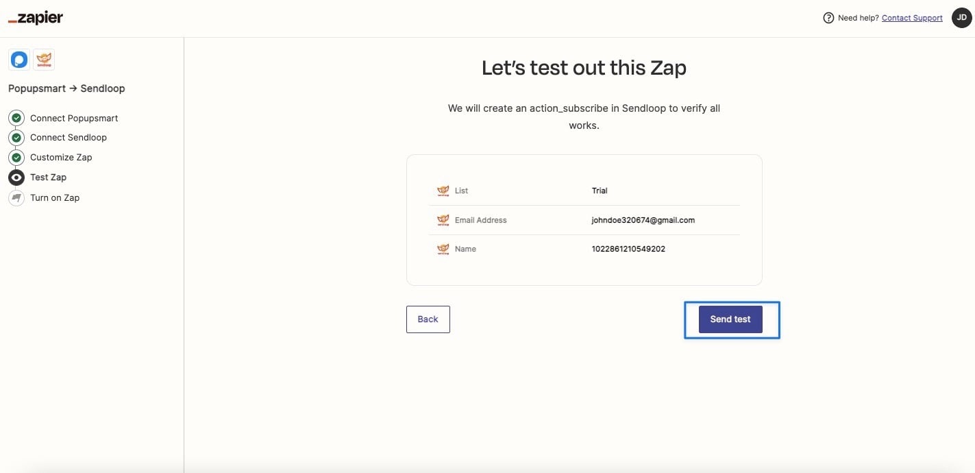 sendloop zap'ı test ediyorum