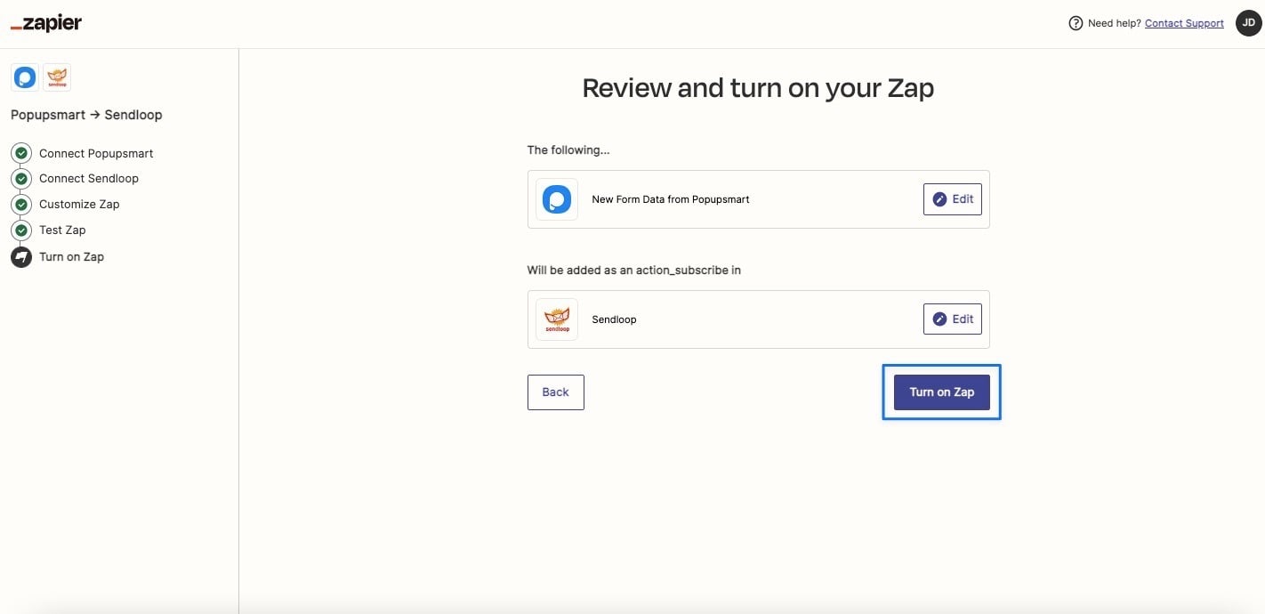 turning on sendloop zap