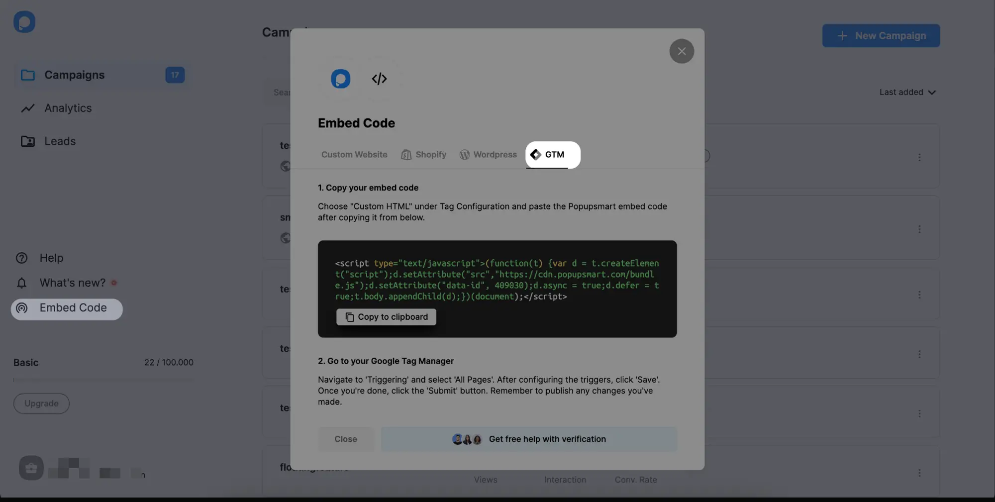 embedcode modal gtm tab