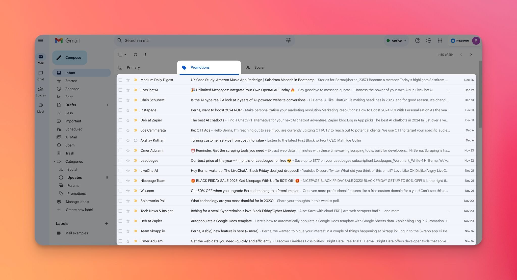 a screenshot of various emails on promotions tab on Gmail