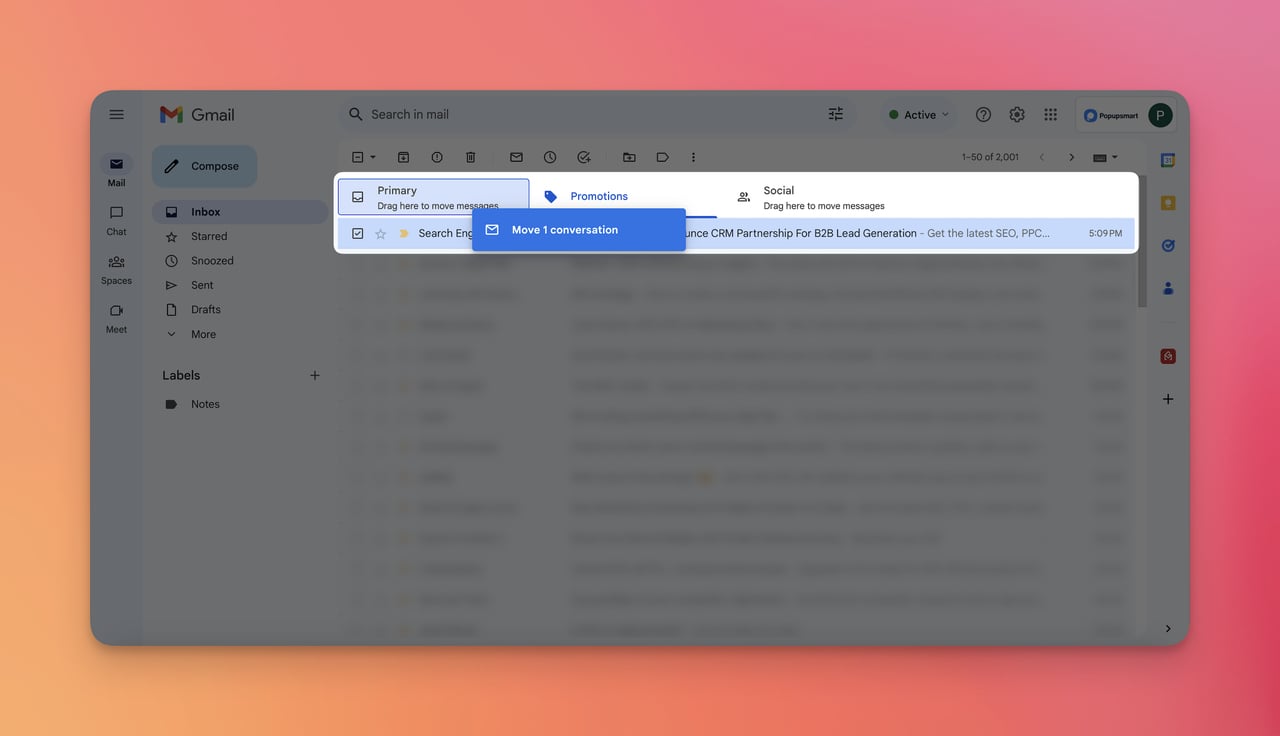 a screenshot of dragging dropping email from Promotions to Primary on Gmail