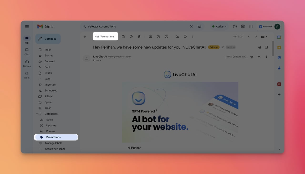 a screenshot of “Not Promotions” option of an email on Gmail