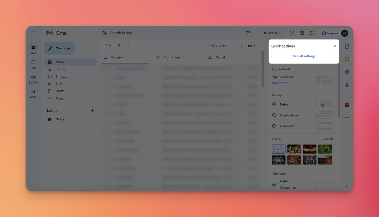 a screenshot of "Quick Settings" and "See all settings" parts on Gmail account