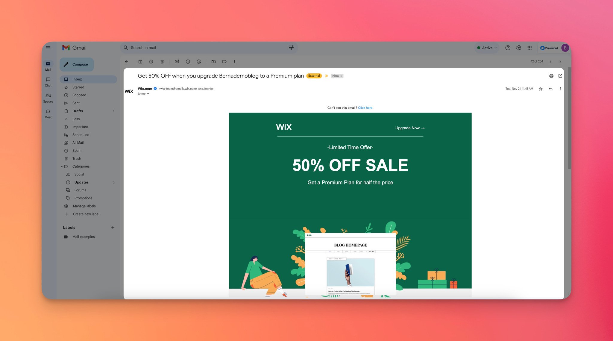 a screenshot of an email example of Wix, which is a promotional email in promotion tab of Gmail