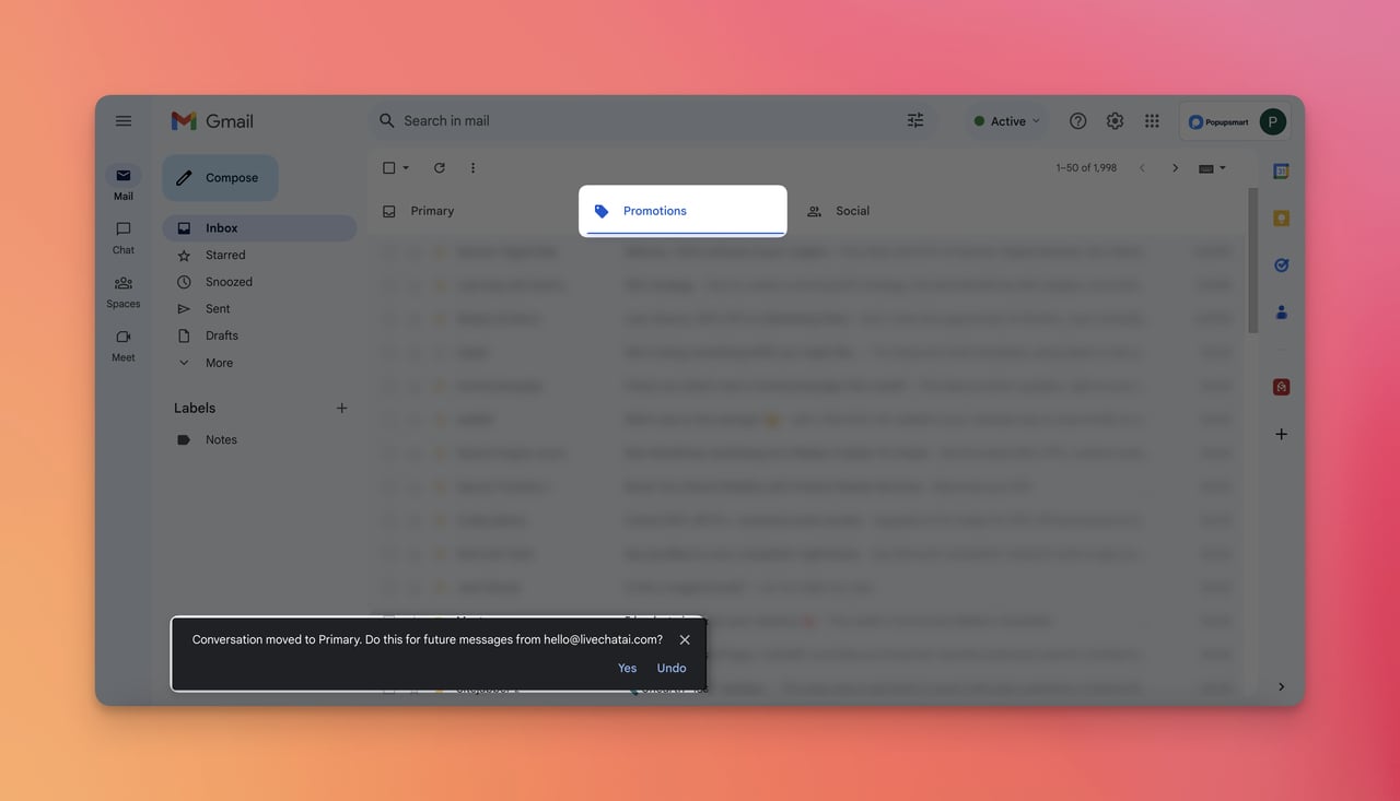 Gmail'de bir email'i Promosyonlar sekmesine taşıma ekran görüntüsü