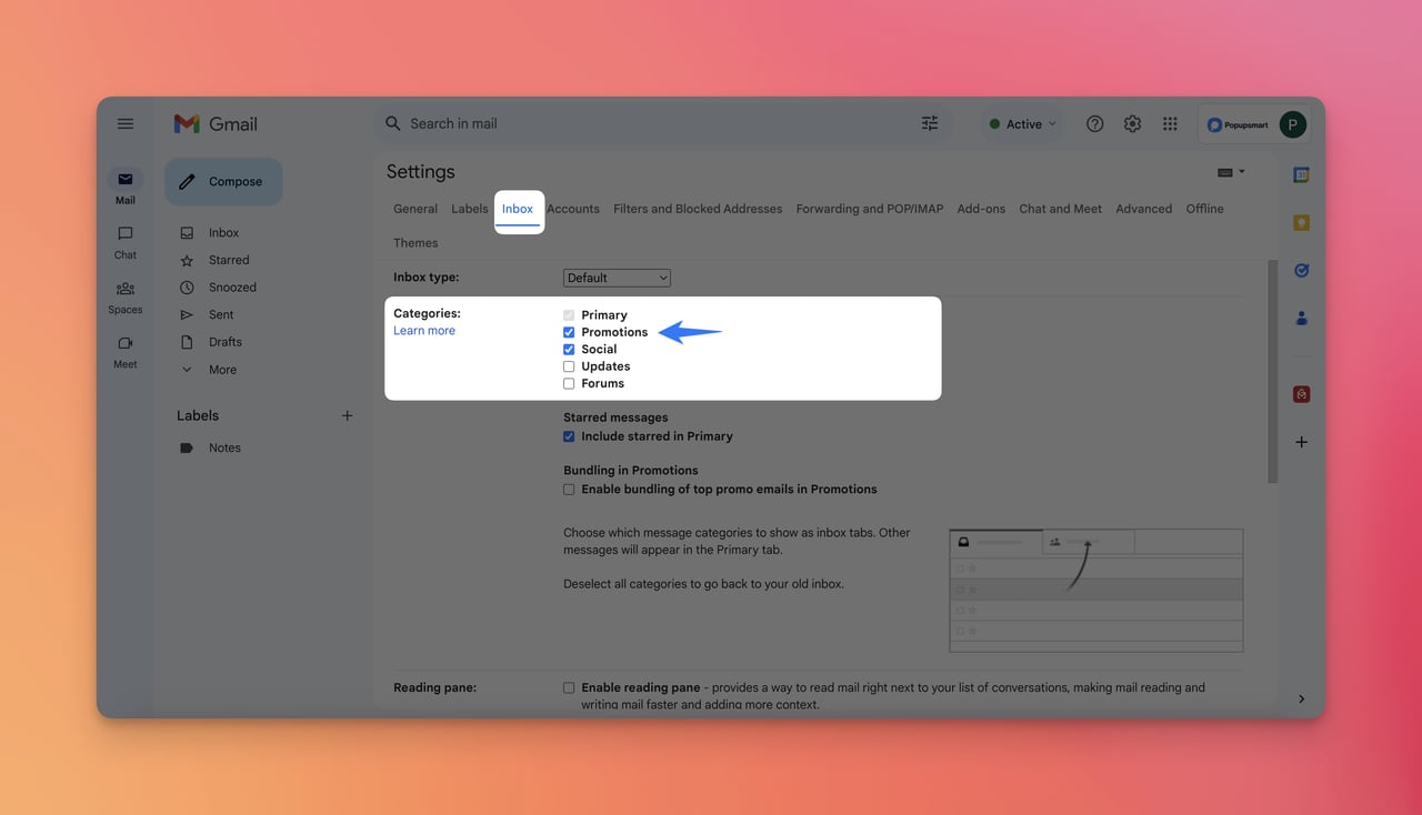 a screenshot of ticking the promotions of inbox under “Categories” on Gmail