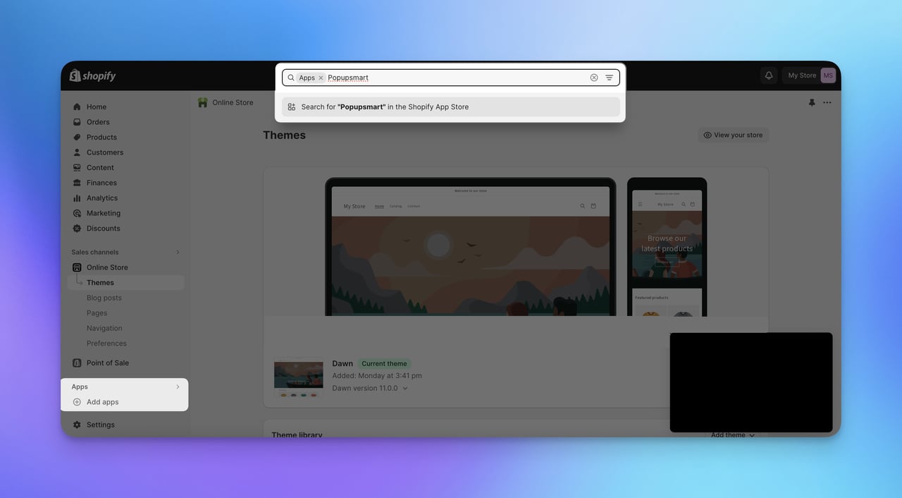 adding Popupsmart as an app on Shopify