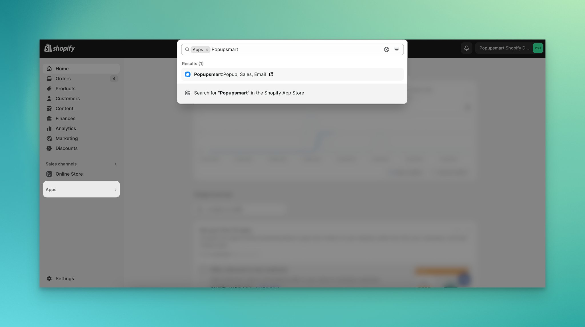 a screenshot of searching Popupsmart app on Shopify admin panel