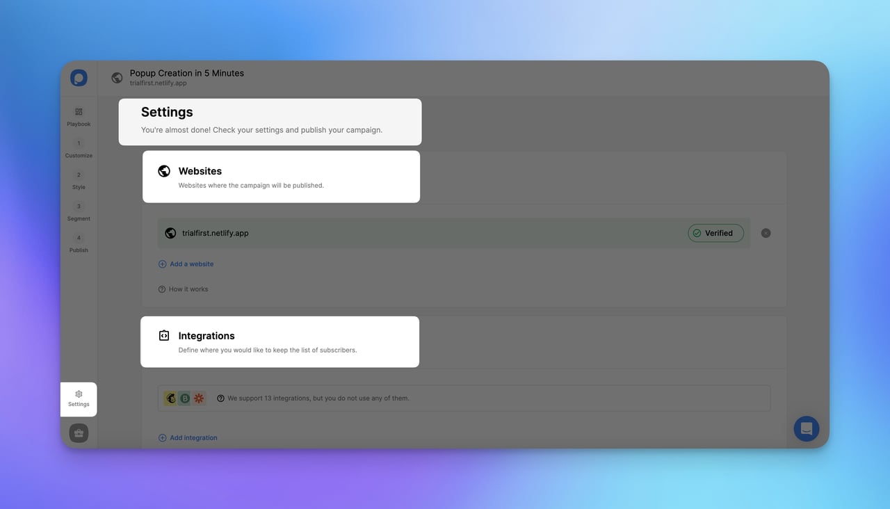 settings websites and integrations of a popup campaign on Popupsmart