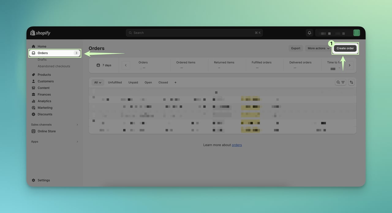 Shopify yönetim panelinde sipariş oluşturma adımı