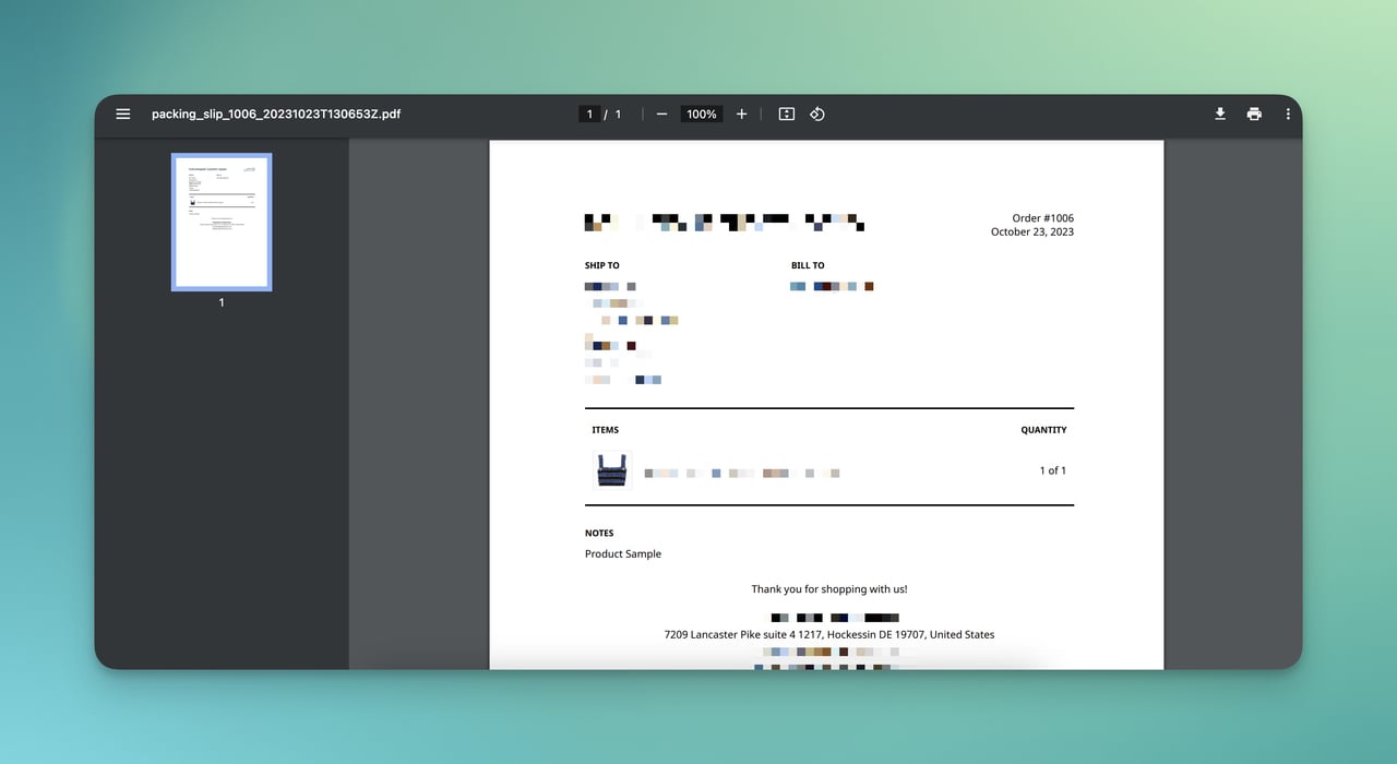 An example of Shopify's packing slip pdf format