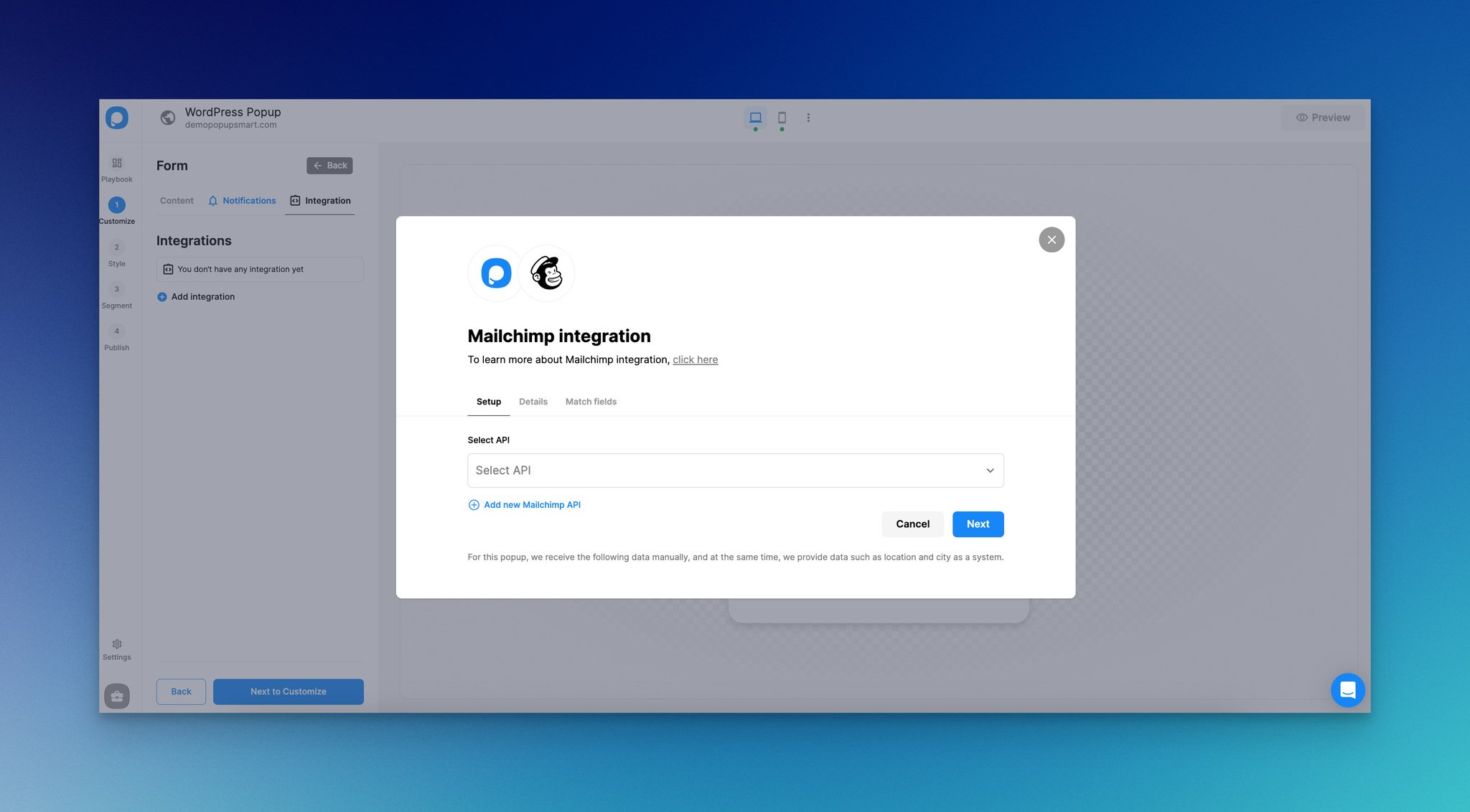 a screenshot of setting up MailChimp integration on Popupsmart