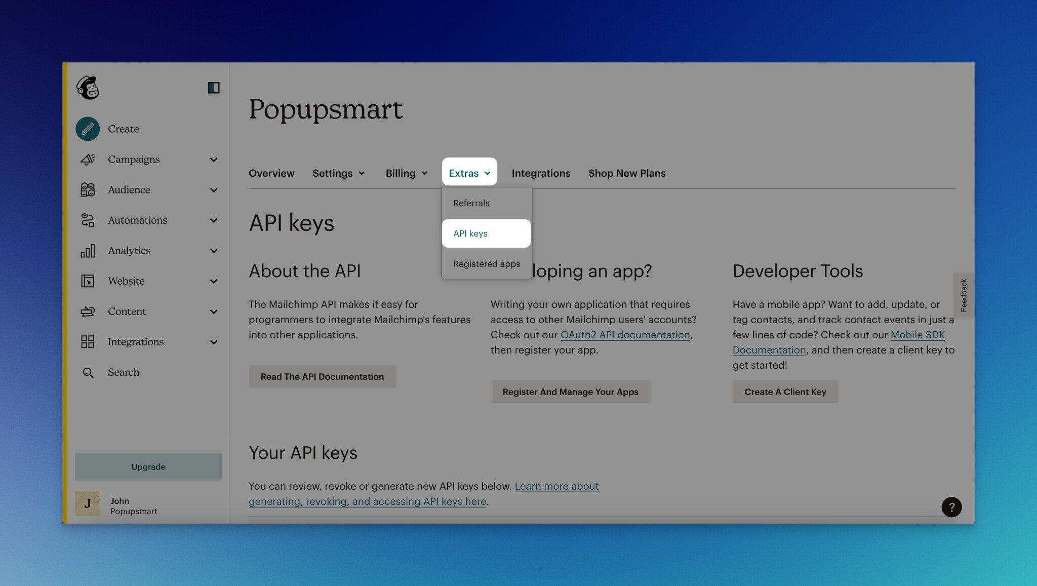 a screenshot of  getting API key from Extras and API Key sections on MailChimp