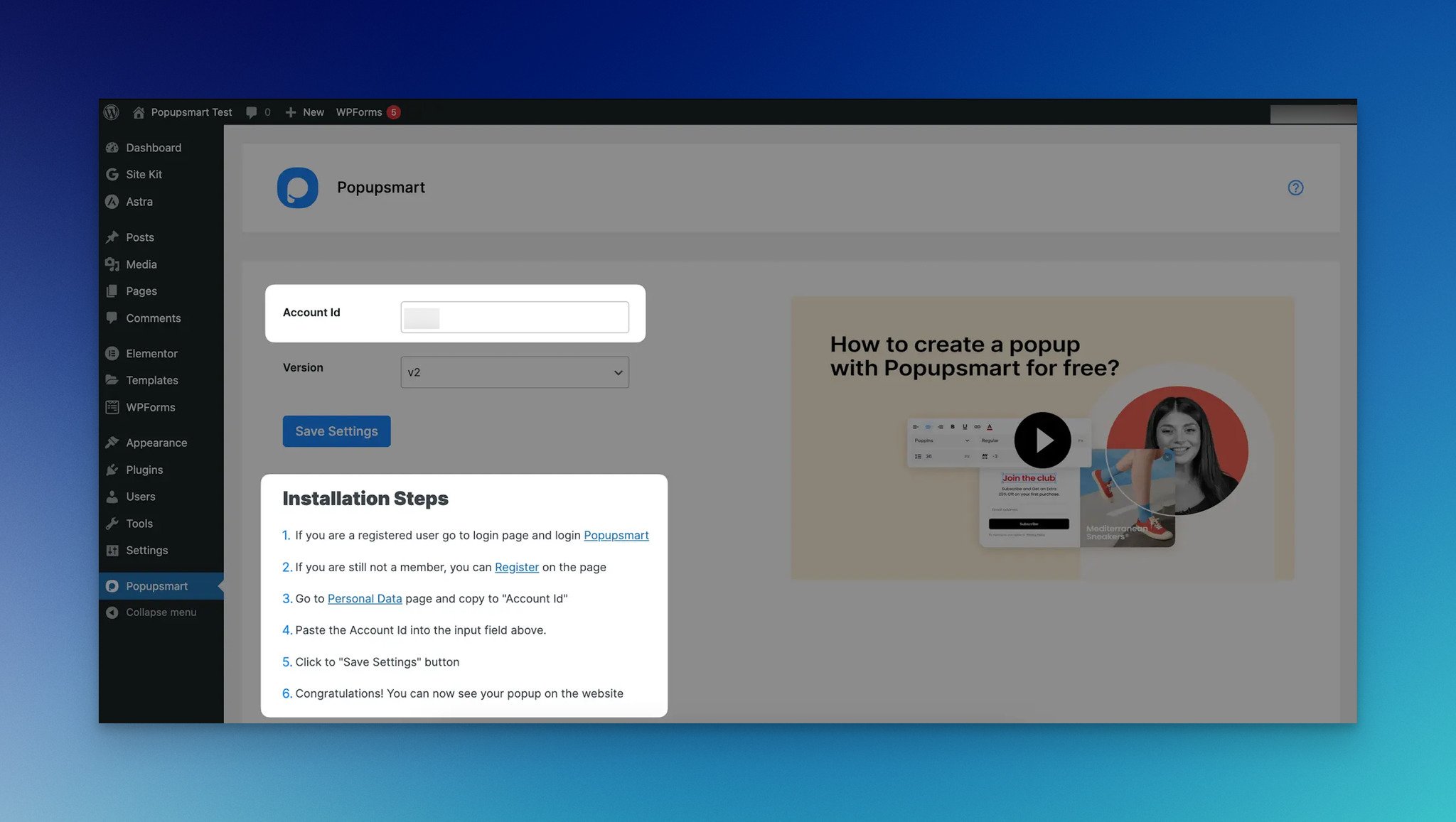 Popupsmart WordPress eklentisinde hesap ID'si alma ve kurulum adımlarını gösteren ekran görüntüsü