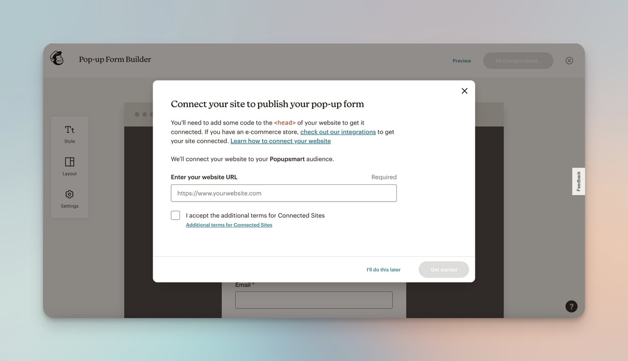 connecting site modal of MailChimp account