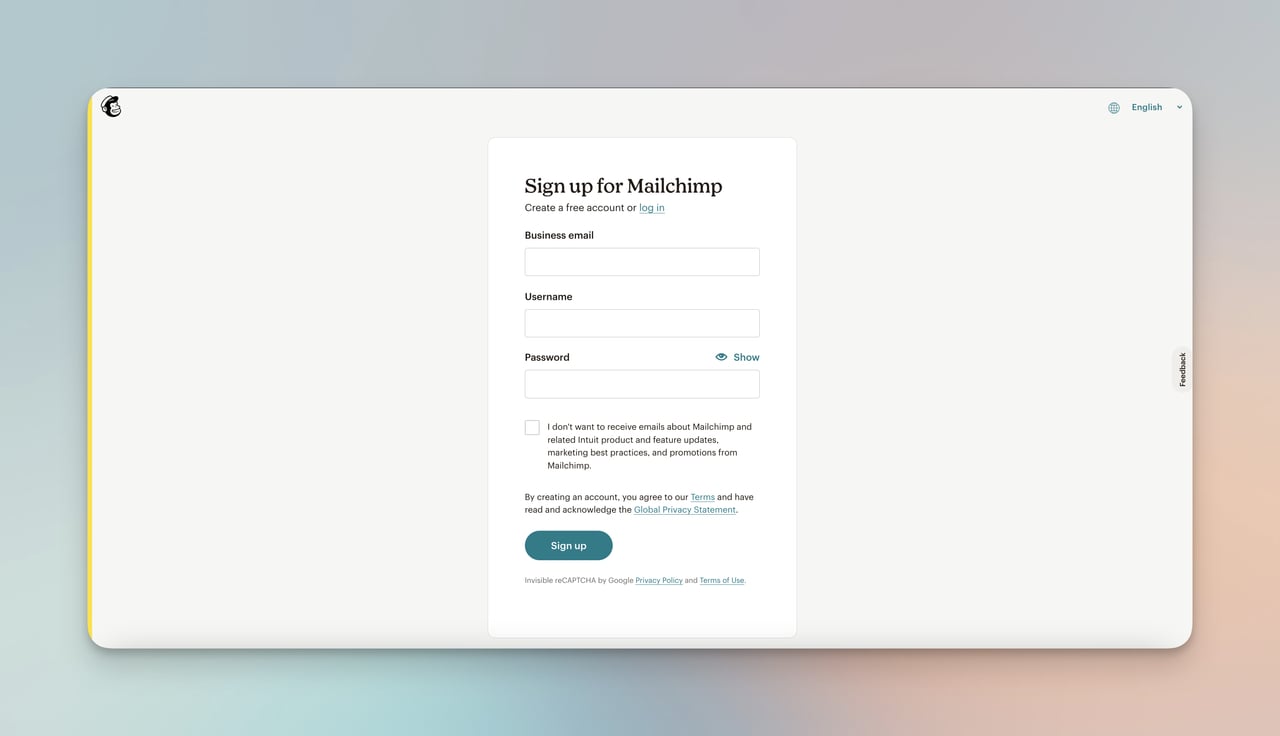 MailChimp sitesinin yeni kullanıcılar için kayıt formu sayfası