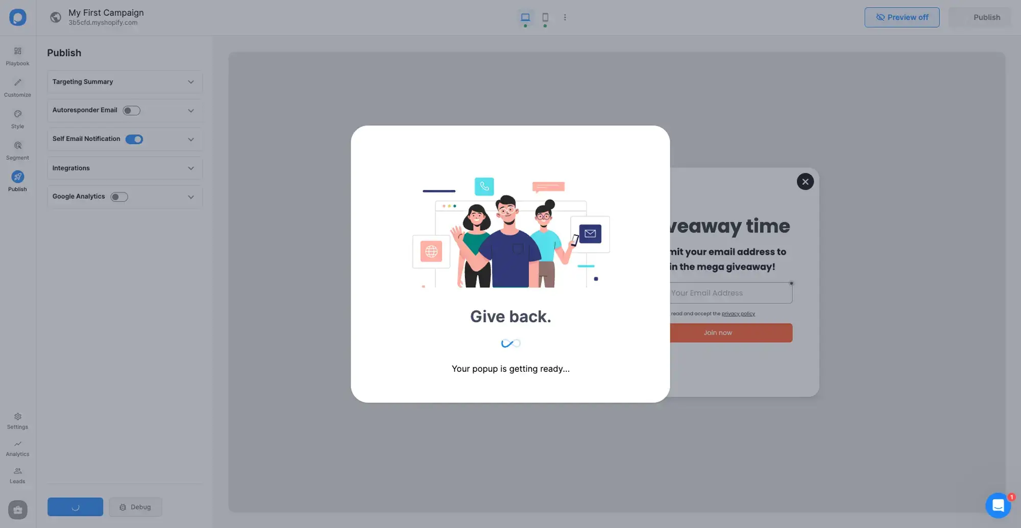Shopify popup publishing campaign