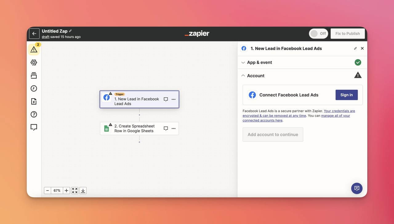 Zapier kontrol panelinde Facebook Reklam İlanlarının hesap bağlantısı