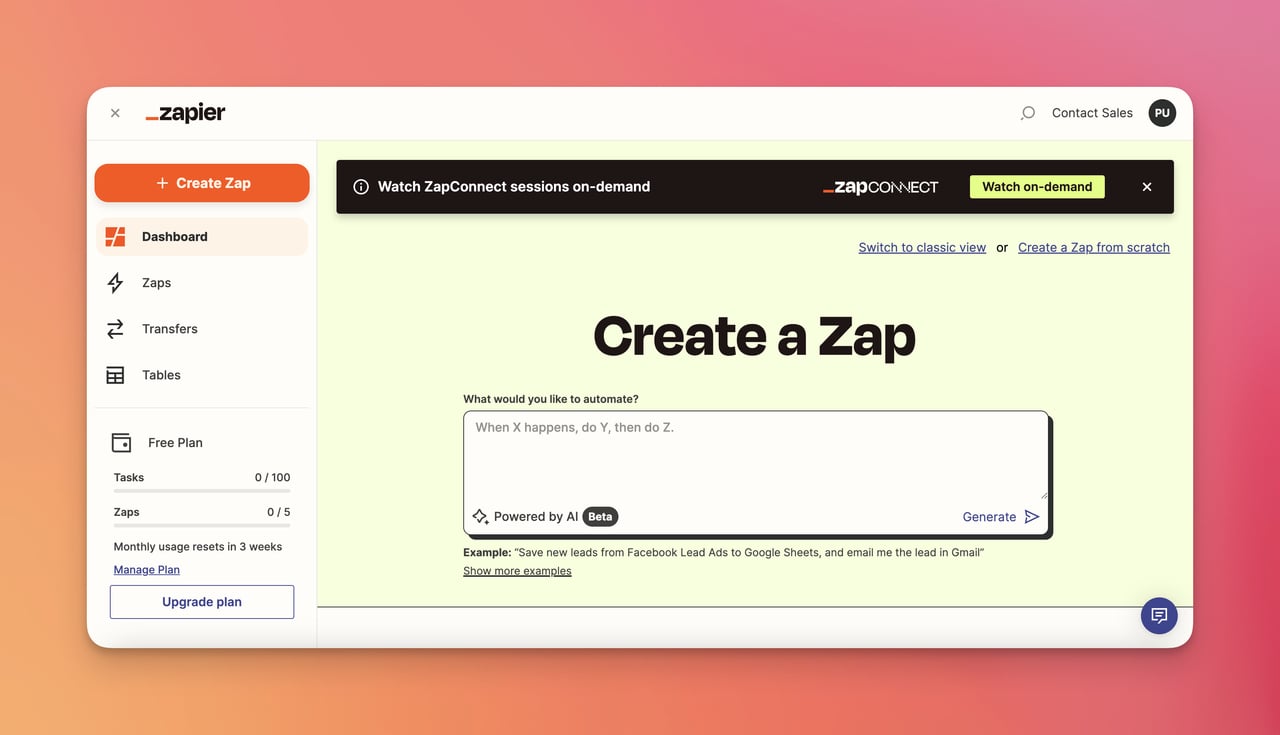 creating zap on Zapier dashboard