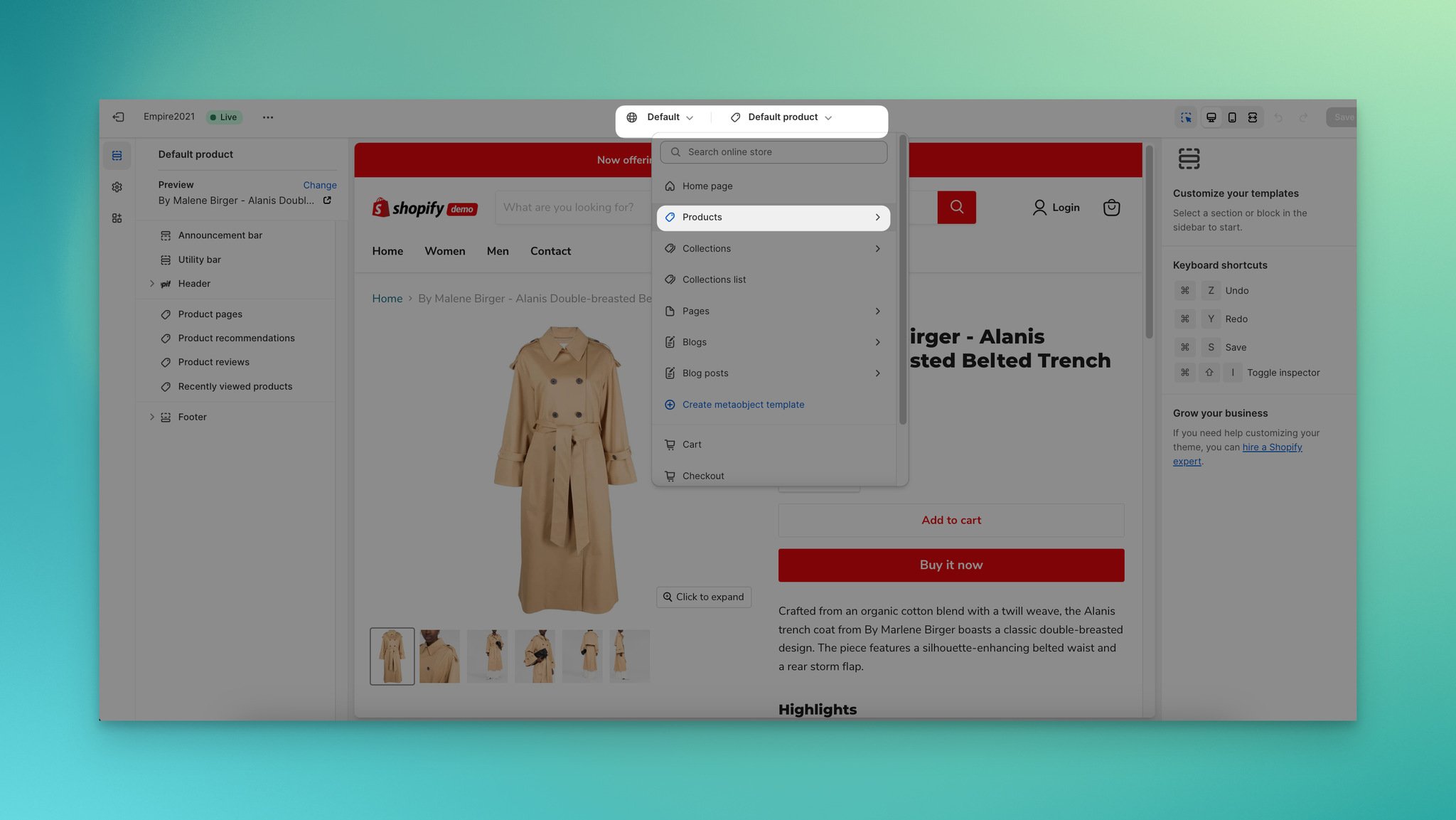 a screenshot of going to the products part on theme editor on Shopify