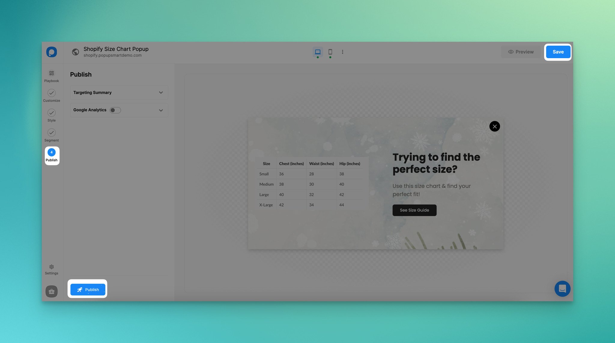 a screenshot of saving and publishing a popup on Popupsmart