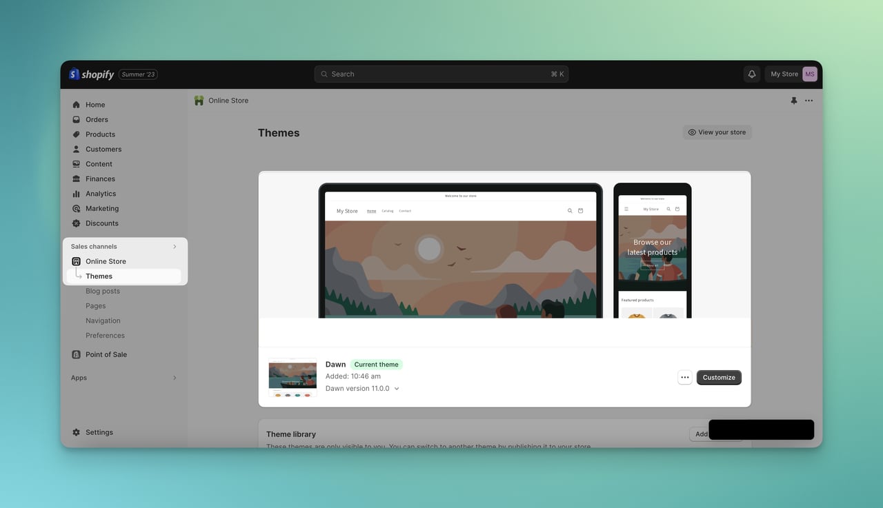 themes section on the Online Store on Shopify