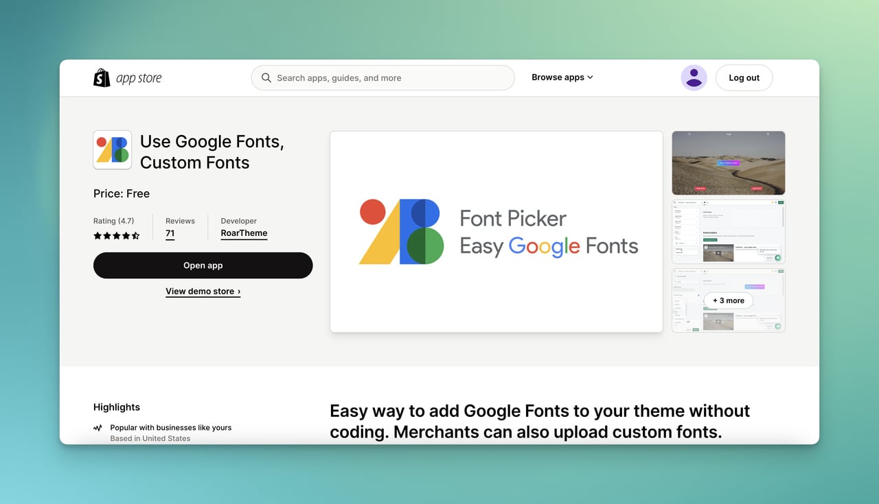 Shopify App Store'da Google Fonts uygulaması