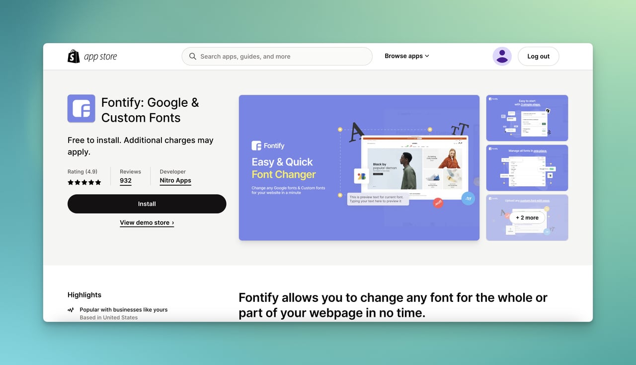 Fontify app on Shopify App Store