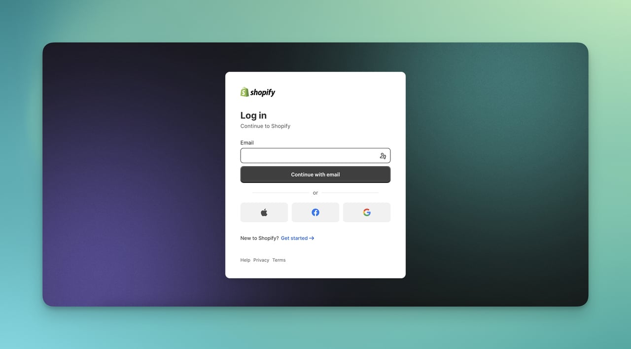 Devam etmek için e-posta isteyen Shopify giriş sayfası