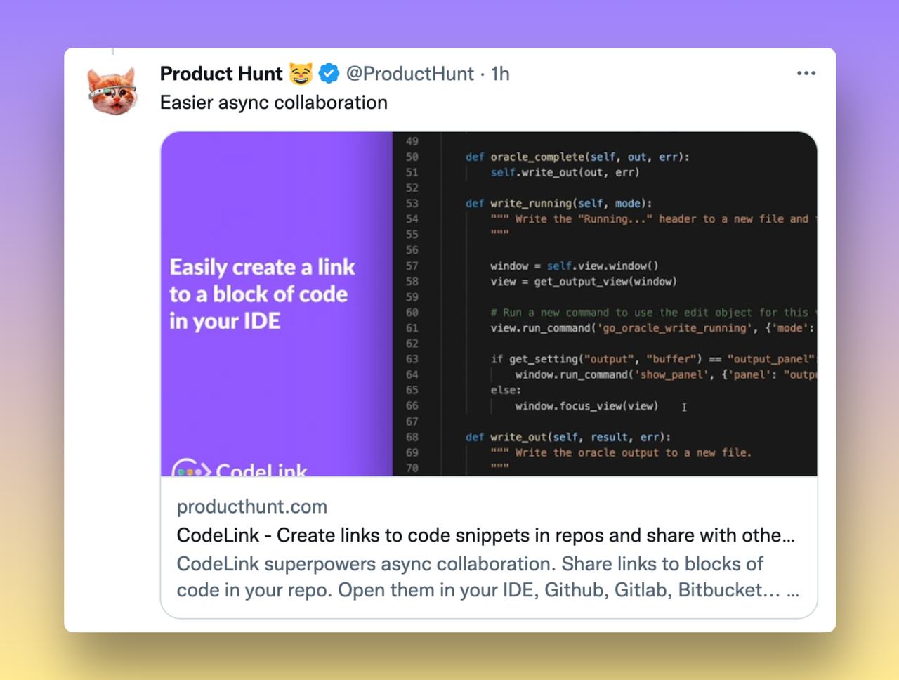 Product Hunt Twitter post screenshot with a link that has a OG image and title