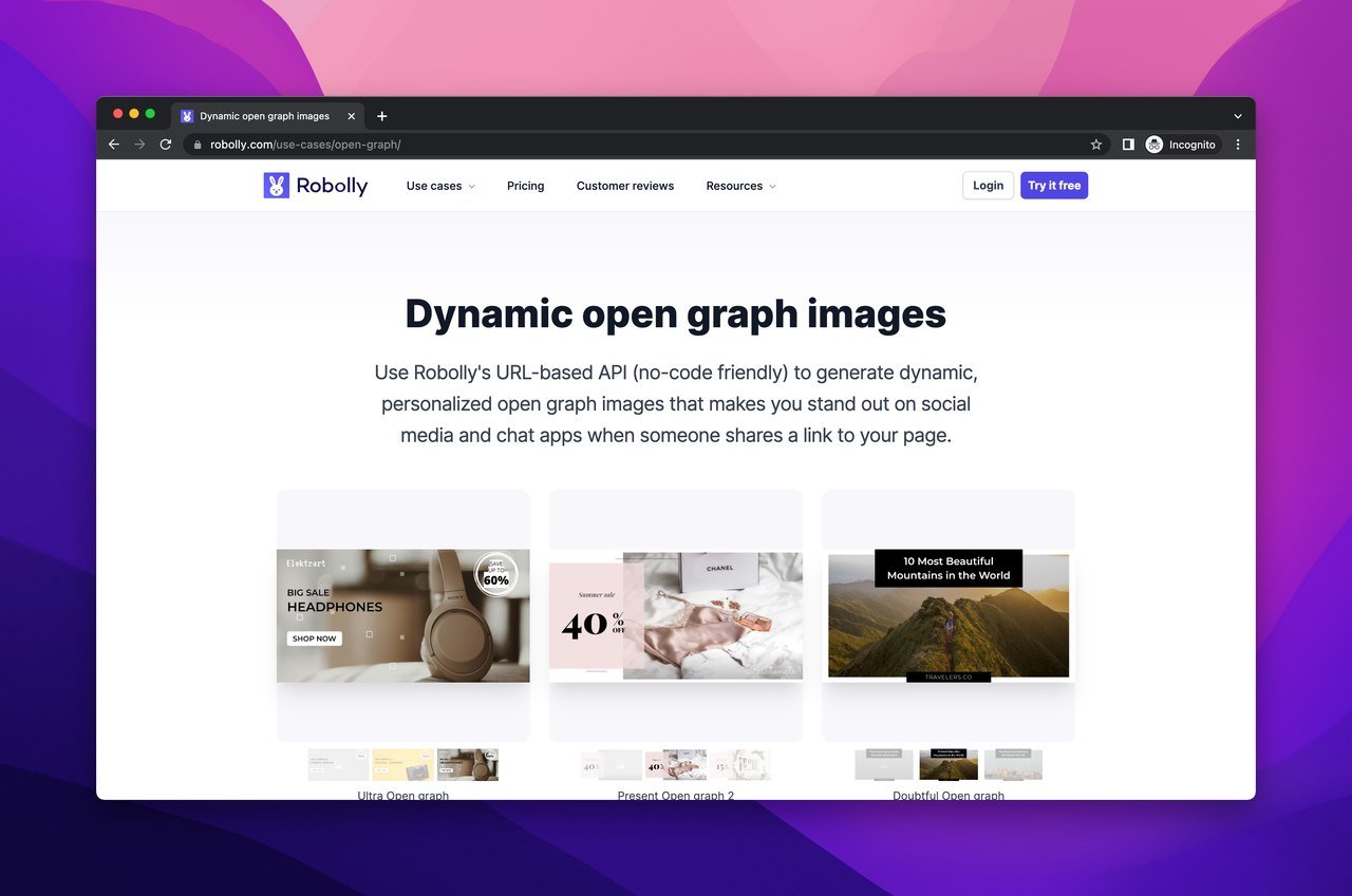 Robolly software homepage with a ttile that says "Dynamic open graph images"