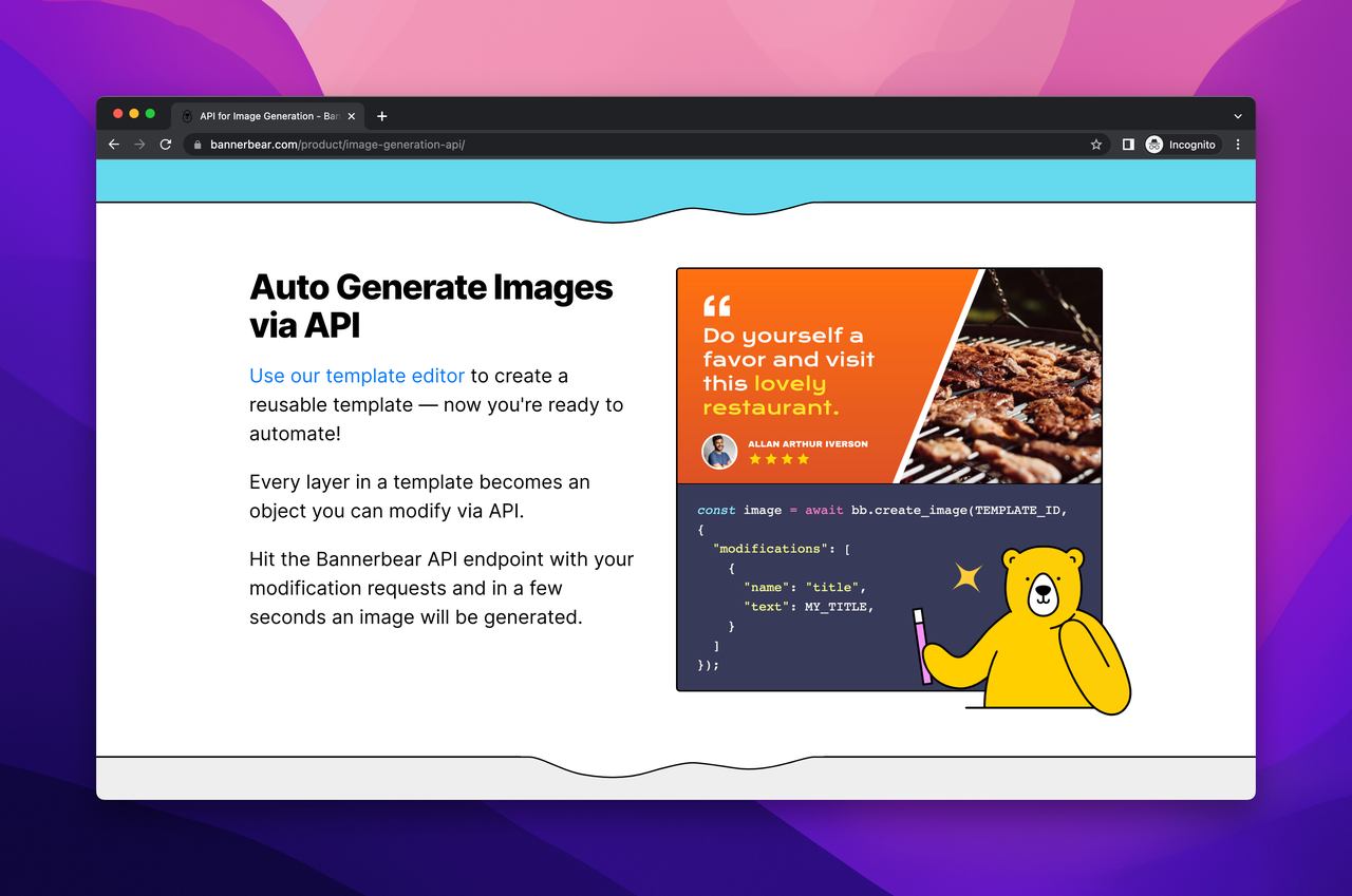 Bannerbear software homepage with an illustration of a bear on the right side and a title that says "Auto Generate Images via API"