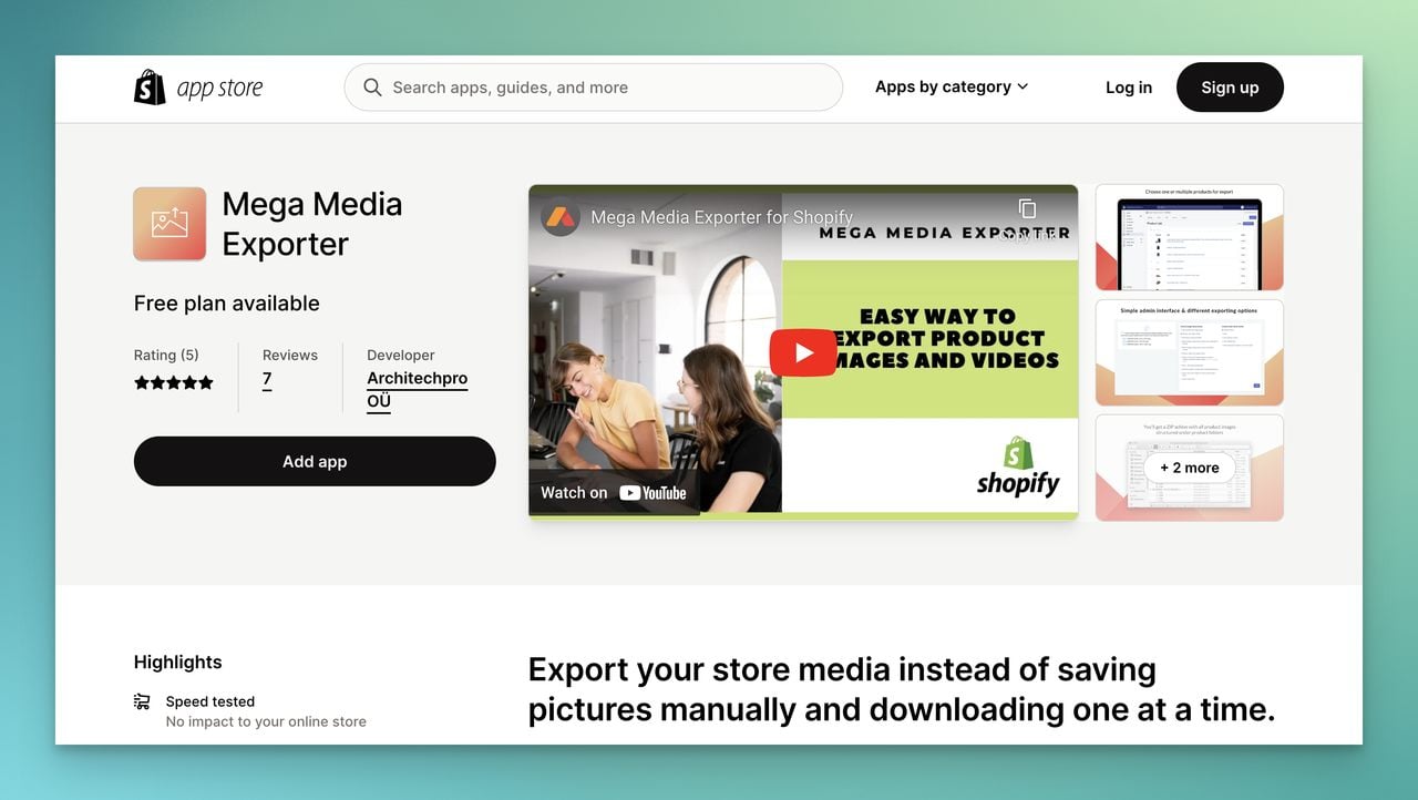 Shopify uygulama mağazasında Mega Media Exporterı ekran görüntüsü