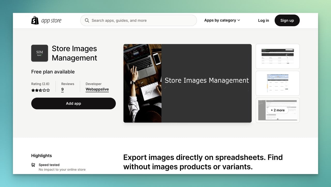 Shopify uygulama mağazasında Store Images Management ekran görüntüsü