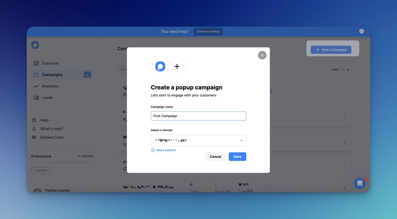 creating new campaign on Popupsmart with a modal on the dashboard of Popupsmart