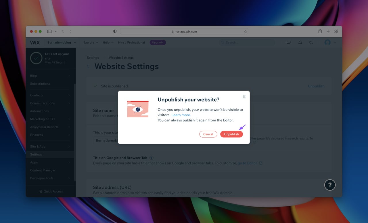 fourth step of unpublishing a Wix website