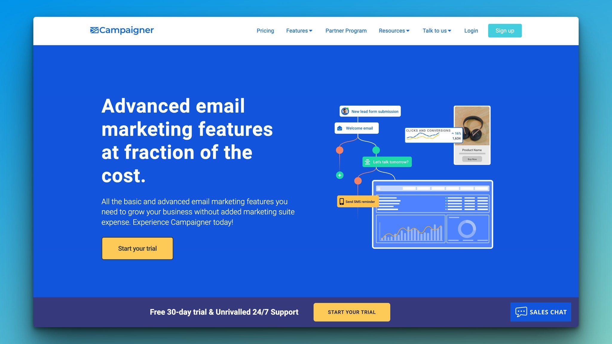 Campaigner’s homepage with Advanced email marketing features at a fraction of the cost headlined on the left, followed by a Start your trial button and product interface images on the right