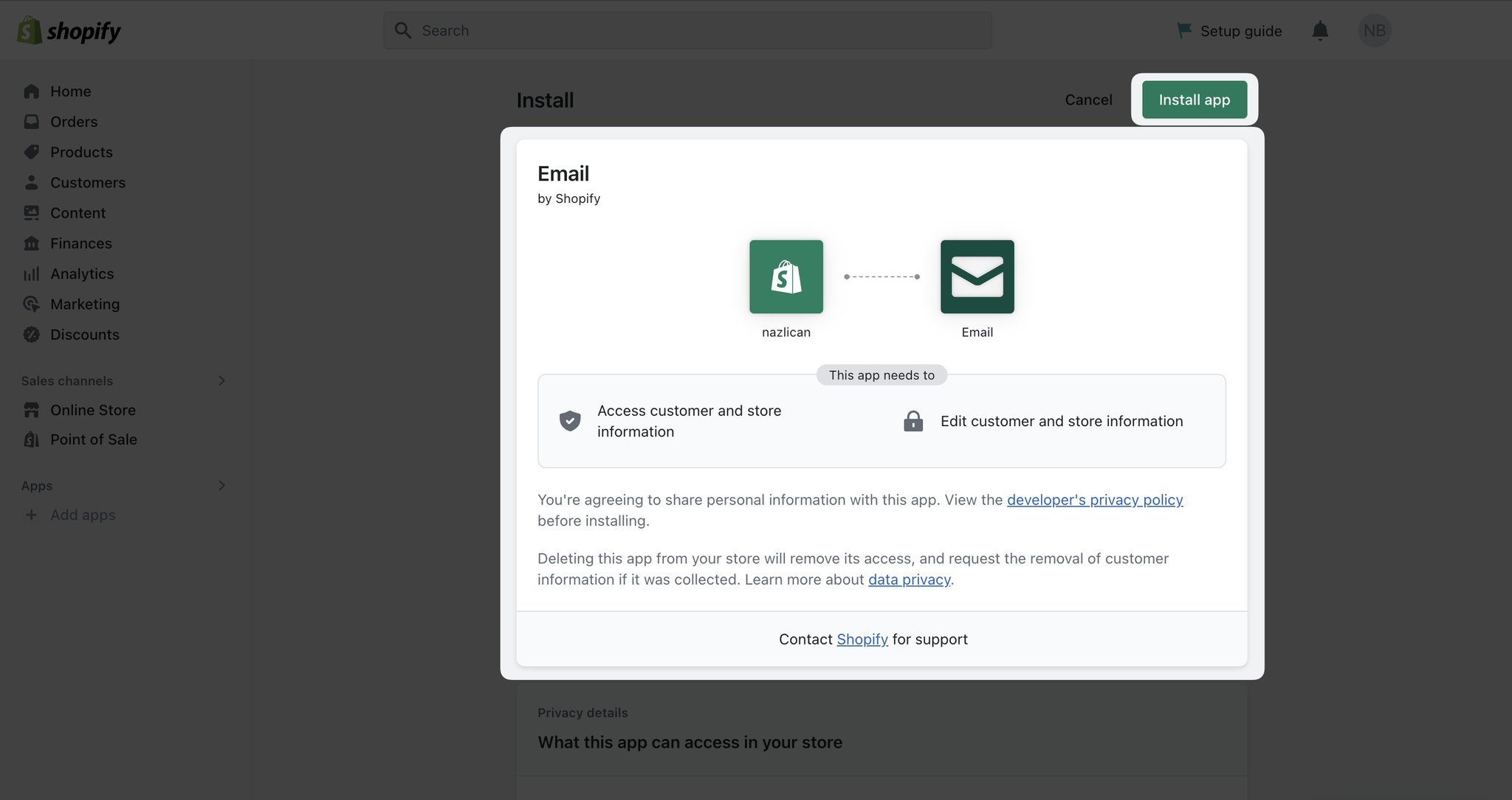 Shopify admin panel showing the Shopify store and email service connection highlighted with the Install app on the upper right corner