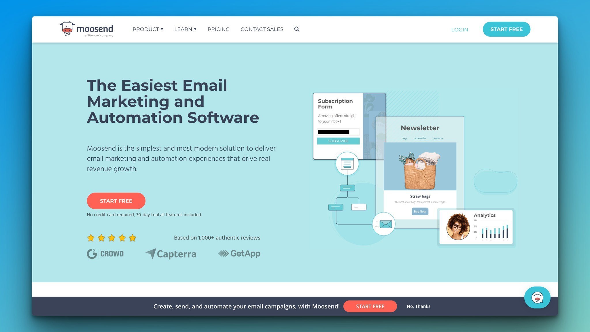 Moosend’s homepage with The Easiest Email Marketing and Automation Software headline followed by Start Free button on the left and product interface images on the right