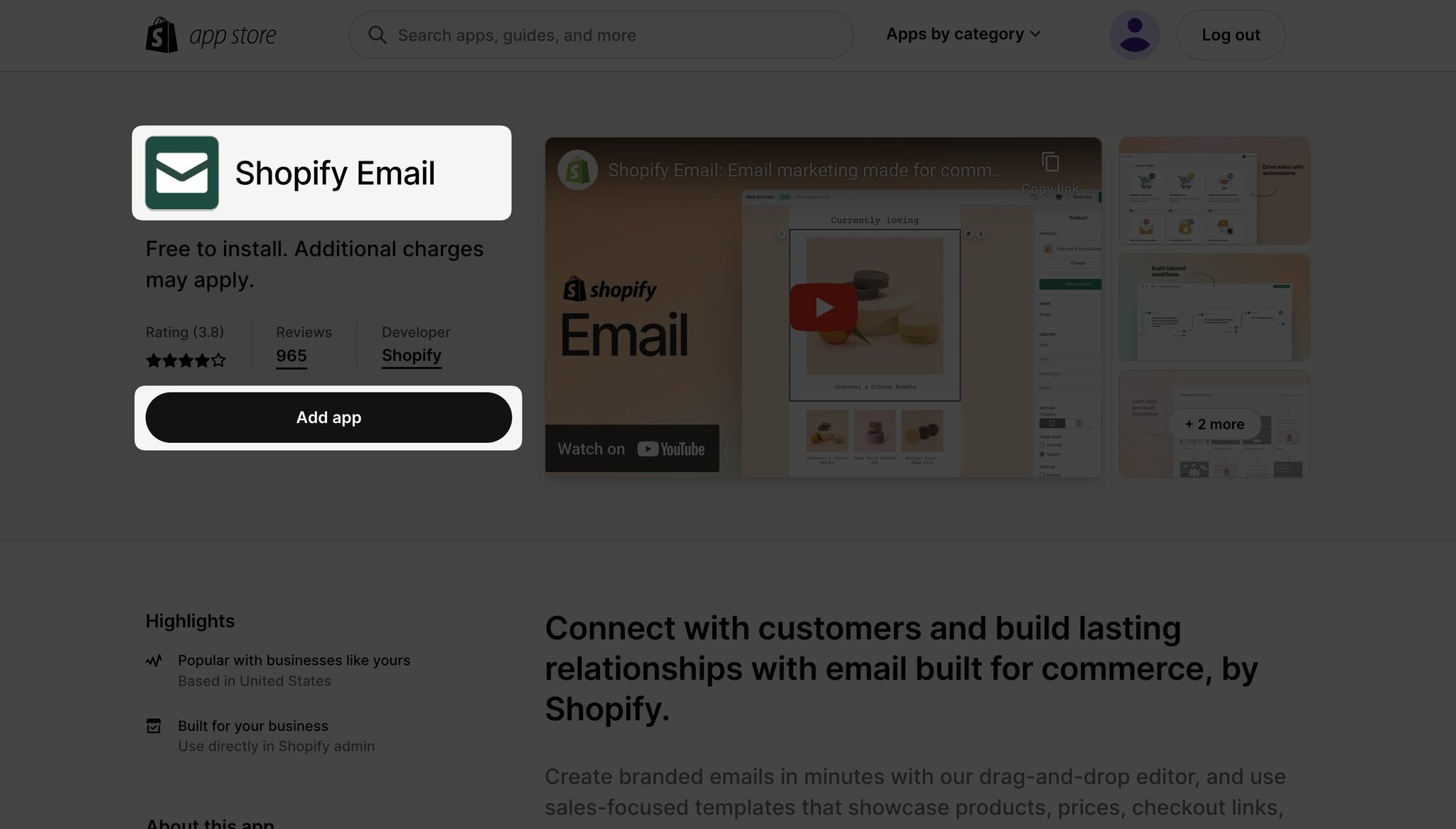 Shopify app store showing Shopify Email app and Add app buttons highlighted, and there is the product video preview on the right