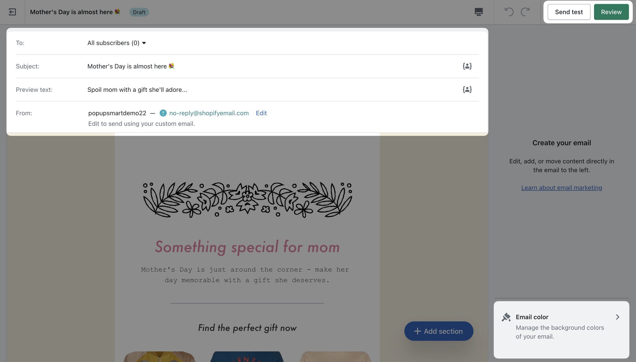 Shopify’ın Anneler Günü temalı e-posta şablonu ve sağ üst köşede İncele ve Gönder test butonu vurgulanmış