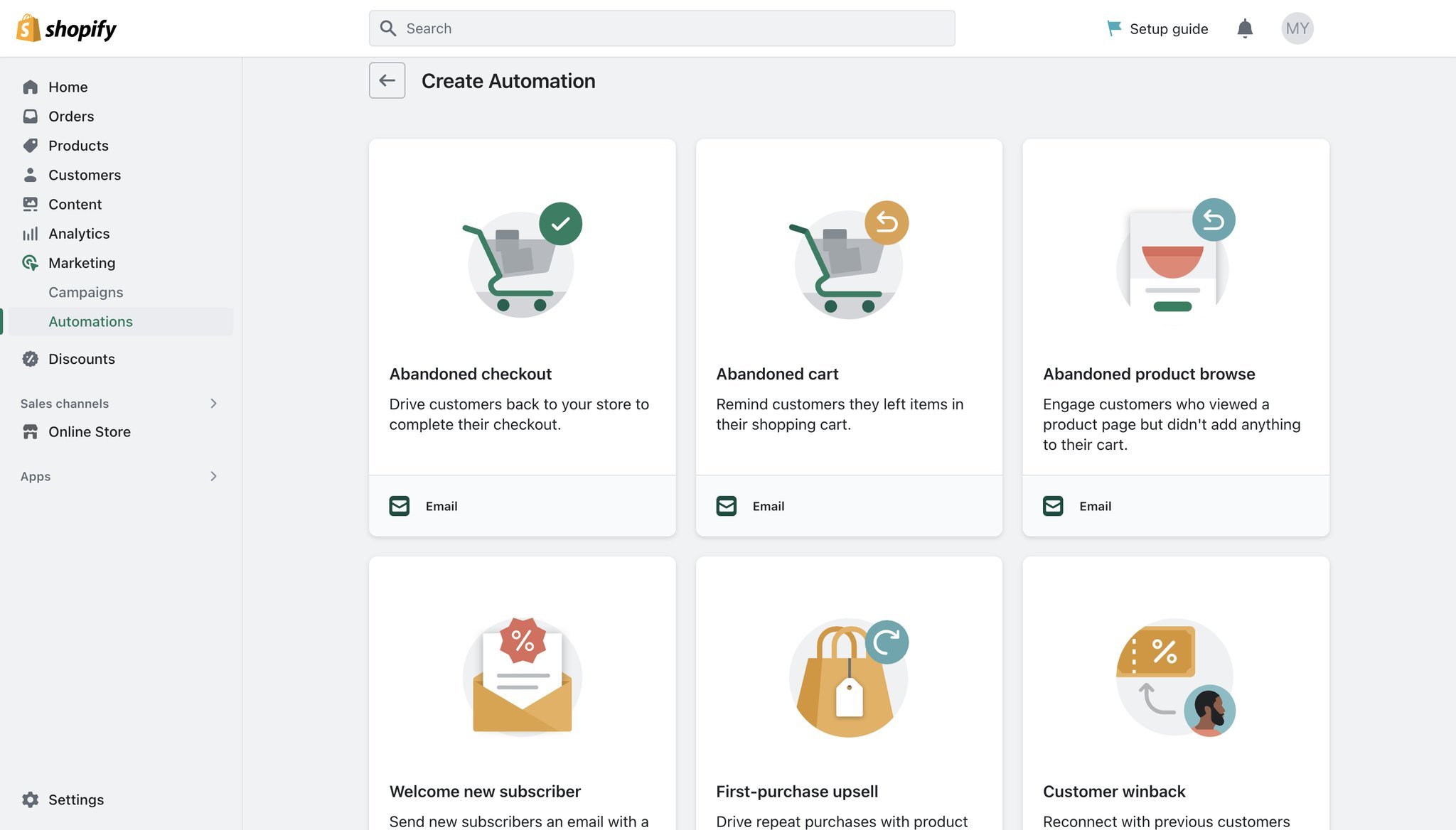 Shopify Email Create Automation page with automation types as Abandoned checkout, Abandoned cart, Abandoned product browse, Welcome new subscriber and so on with related icons for each