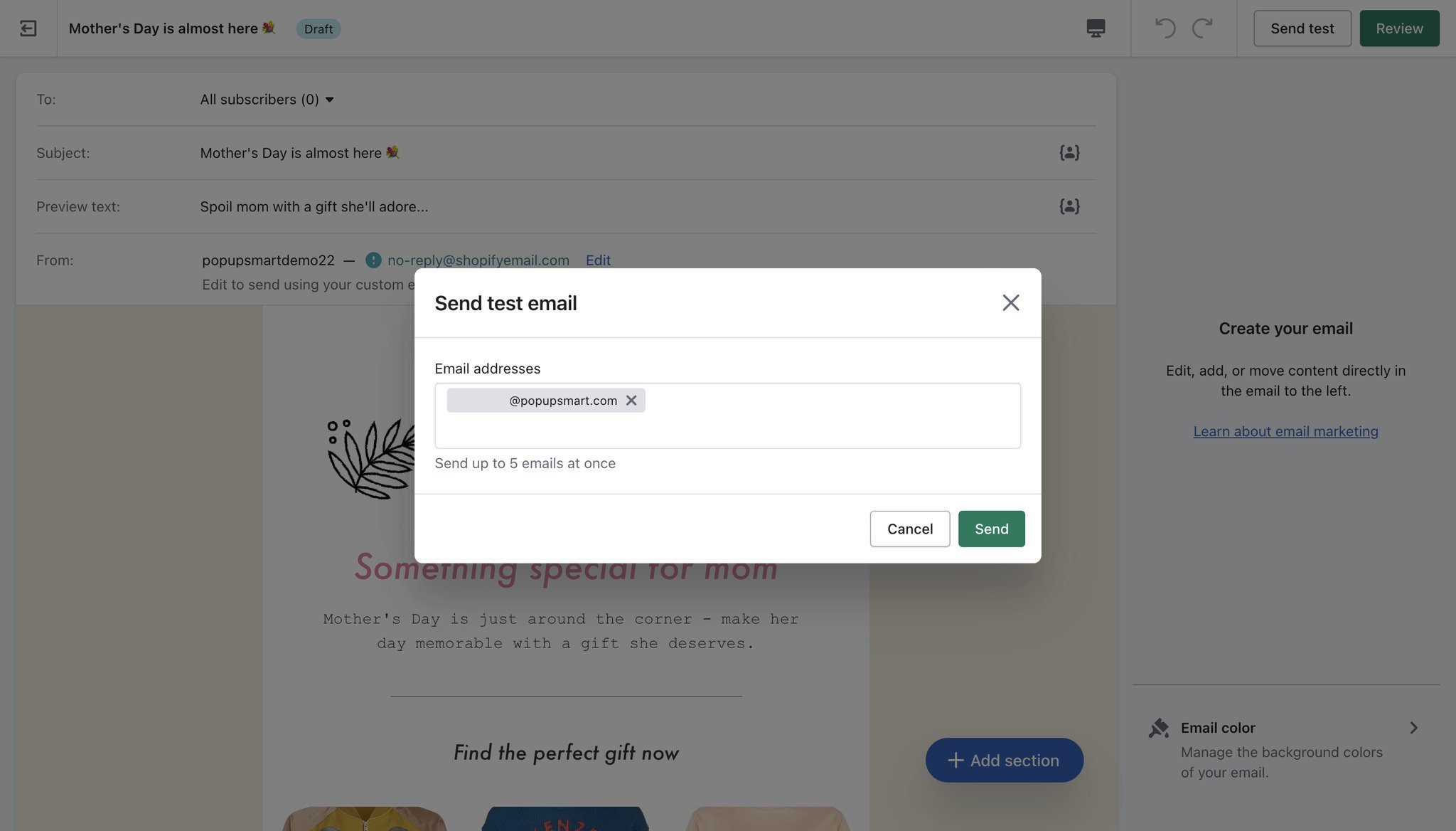 Shopify email editor’s send test email window with an email address field