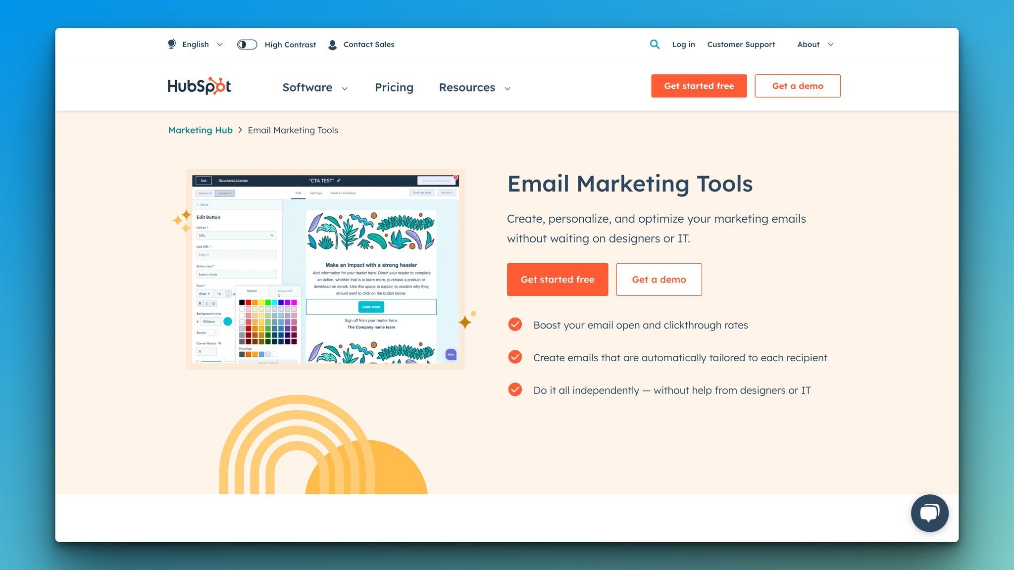 Hubspot’un ana sayfası, sol tarafta ürün önizlemesi ve sağ tarafta Email Marketing Tools başlığı ile Ücretsiz Başlayın ve Demo Al butonları