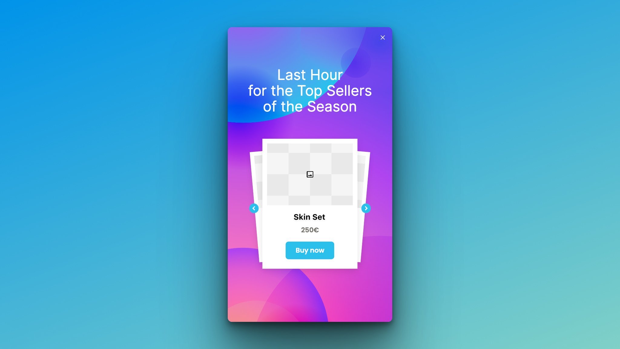 A blue/pink/purple last-hour popup with an empty product showcase element with a blue Buy Now button