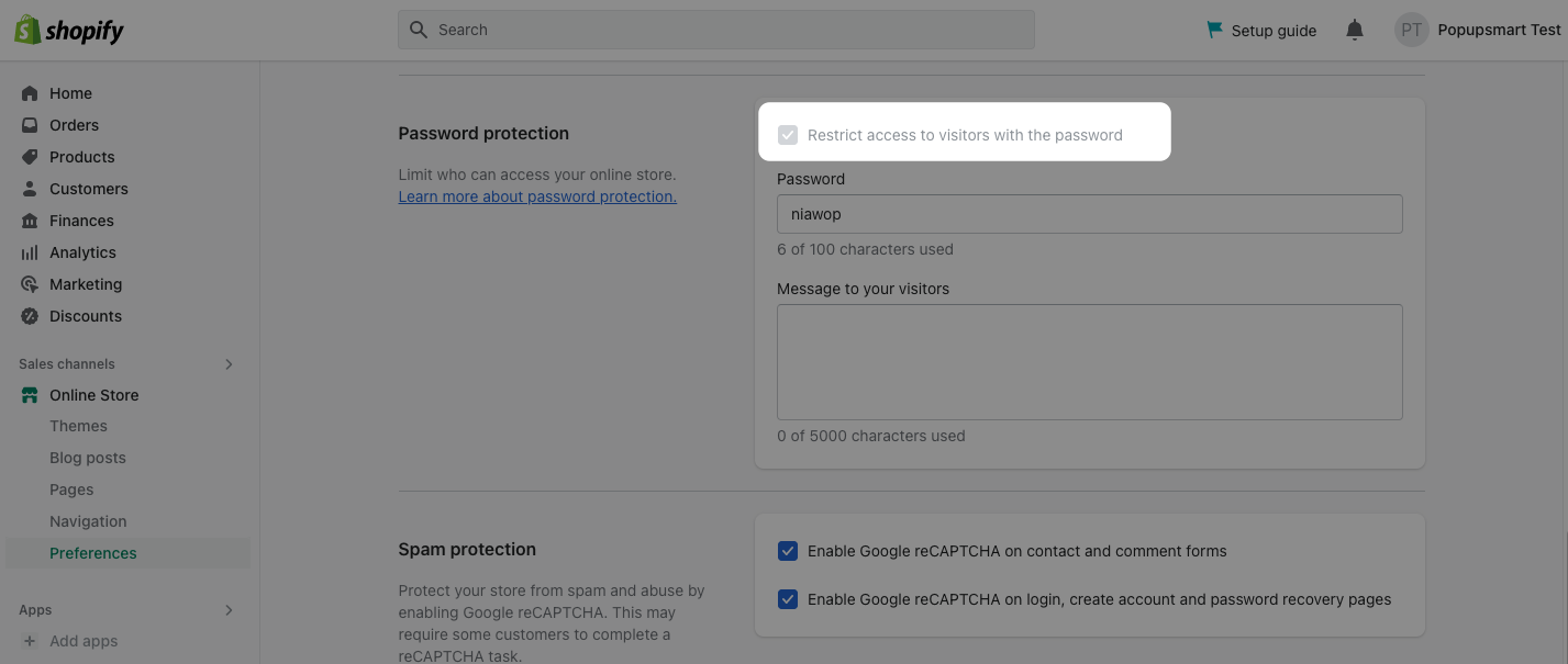 a screenshot of restricting access to visitors on password protection section on Shopify admin panel