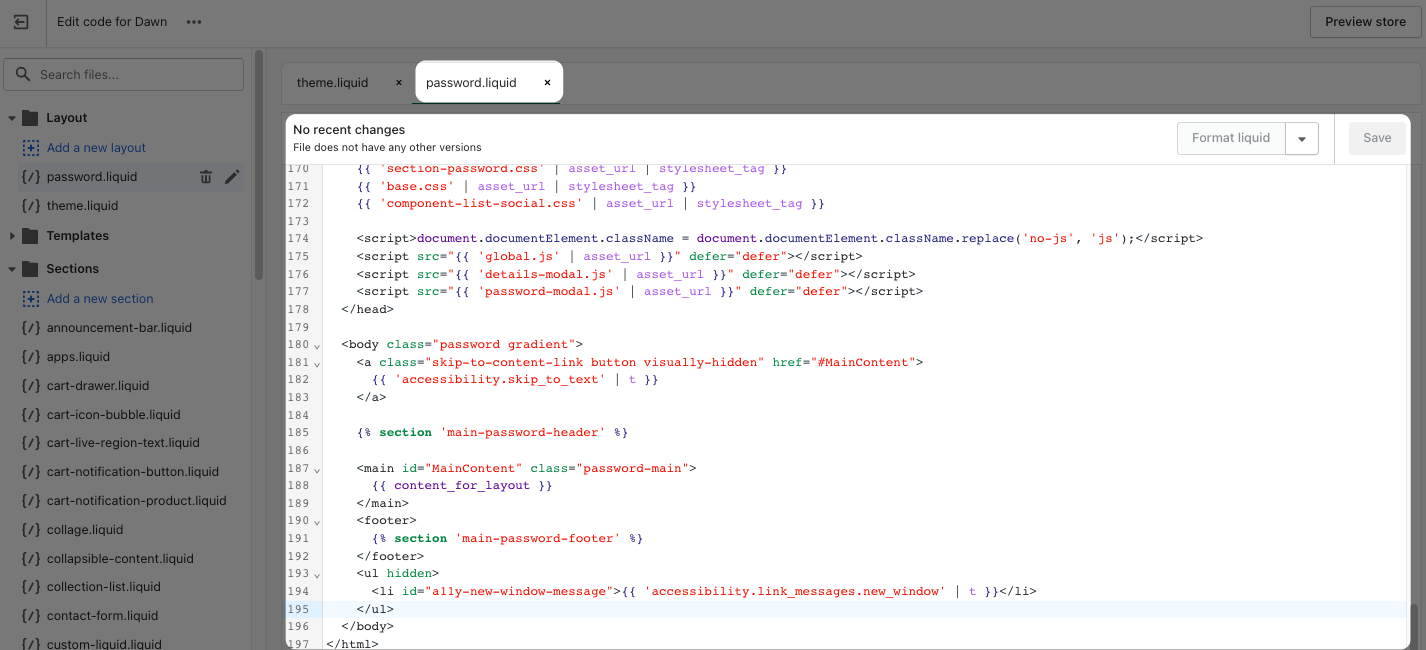 Shopify'da password.liquid bölümünün düzenlenmesi ekran görüntüsü