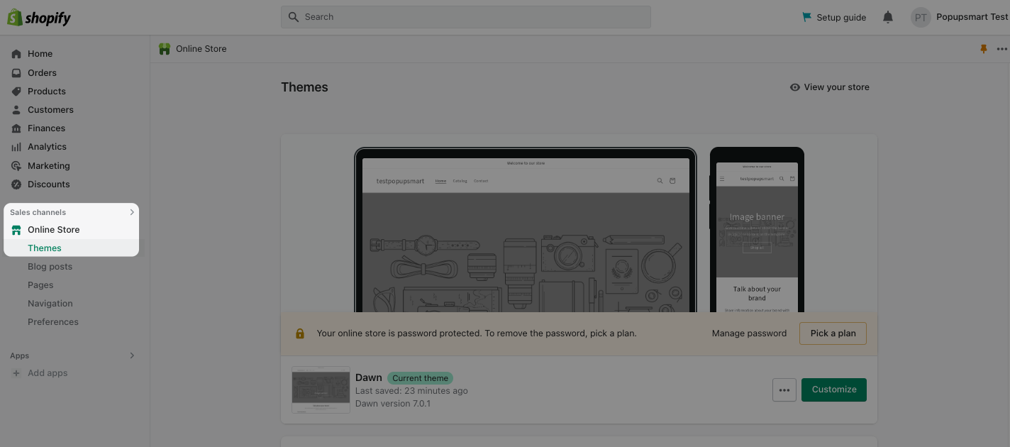 a screenshot of selecting themes on Shopify admin panel