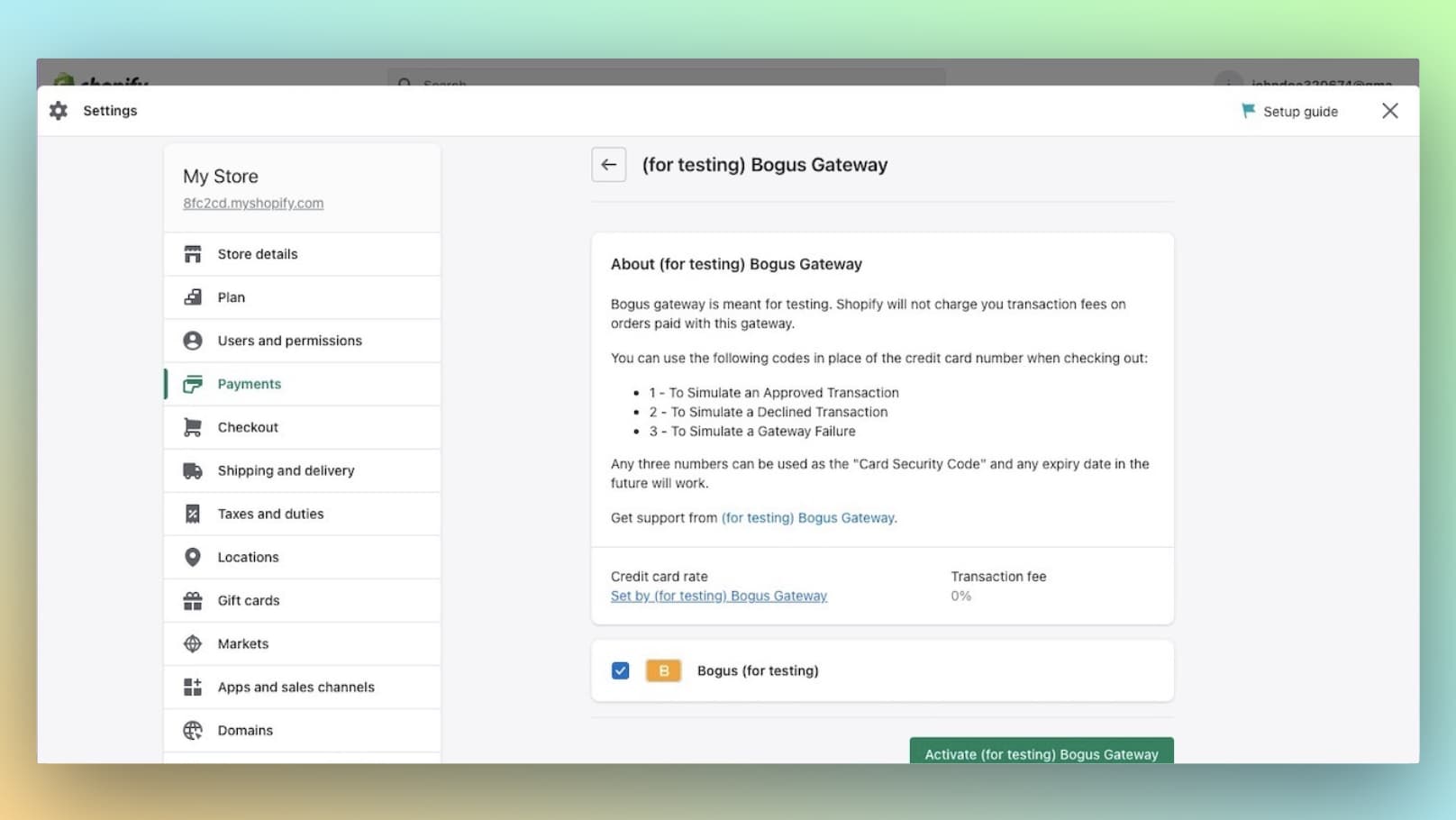 Shopify Bogus Gateway test order activation page